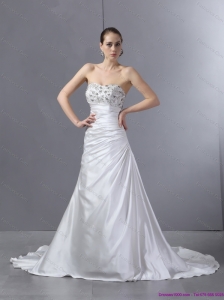 White Beach Pleated Sequined Wedding Dresses with Court Train