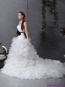 White Chapel Train Ruffled Beach Wedding Dresses with Black Waistband