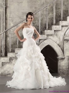 2015 Pretty White Strapless Beach Wedding Dresses with  Brush Train and Ruffles
