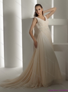 Cheap Ruffles and Beading White Beach Wedding Dresses with Brush Train