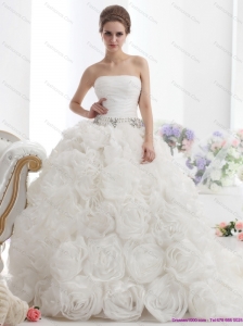 Popular White Strapless Beach Wedding Dresses with Rolling Flowers and Chapel Train