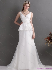 Ruching White V Neck Ruffled 2015 Beach Wedding Dresses with Brush Train