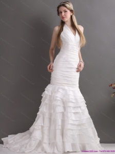 Unique White Halter Top Beach Wedding Dresses with Ruffled Layers and Ruching