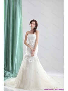 White Chapel Train Strapless Wedding Beach Dresses with Ruching and Hand Made Flowers