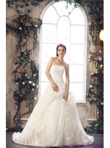 White Strapless Beach Wedding Dresses with Chapel Train and Beading