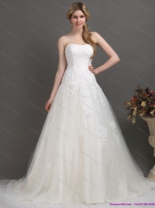 2015 Modest Strapless Brush Train Beach Wedding Dress with Beading