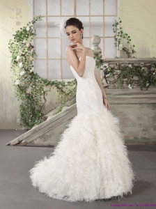 2015 New Style Strapless Beach Wedding Dress with Lace and  Feather