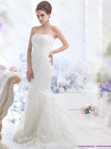 Fashionable Lace White Beach Wedding Dress with Brush Train for 2015