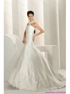 Popular Beading White Beach Wedding Dresses with Brush Train and Lace