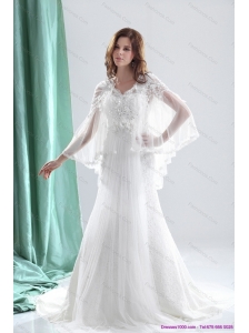 Pretty 2015 V Neck Beach Wedding Dresses with Beading and and Ruching