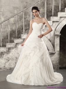 White Sweetheart Ruching Beach Wedding Dresses with Brush Train