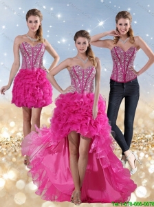 2015 Detachable Hot Pink High Low Sweetheart Prom Dresses with Beading and Ruffled Layers