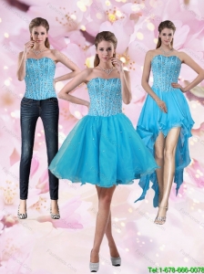 2015 Detachable Puffy Aqua Blue Strapless Short Prom Dresses with Beading