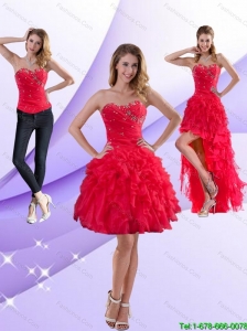 Detachable Perfect Strapless Red 2015 Prom Dresses with Ruffles and Beading