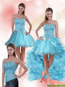 Unique Aqua Blue Sweetheart High Low Prom Dresses with Ruffles and Beading