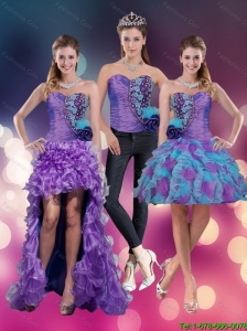 2015 Detachable  Spring Sweetheart Beading Multi Color Prom Dresses with Hand Made Flower