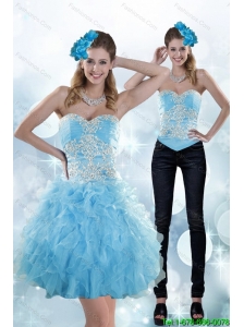 Detachable Exclusive Appliques and Ruffles Sweetheart Aqua Blue Prom Dress for 2015