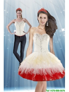 Perfect Detachable 2015 White and Red Prom Dress with Beading and Ruffled Layers