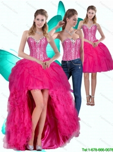 Most Popular High Low Hot Pink Sweetheart Detachable Prom Dresses with Ruffles and Beading