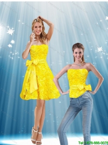 Sweet Strapless Yellow 2015 Detachable Prom Dress with Bowknot and Rolling Flowers
