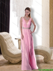 2015 Edgy Criss Cross Beading and Ruching Prom Dress in Rose Pink