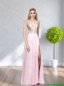 2015 Luxurious Baby Pink Prom Dress with Lace and High Slit