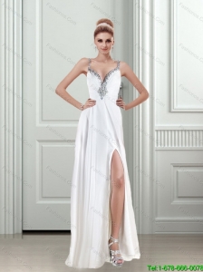 2015 Sexy Sturning Beading White Prom Dress with Beading and High Slit