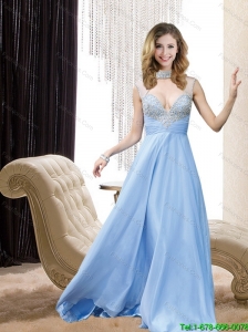 Exquisite 2015 sexy High Neck Beading Prom Dress in Light Blue