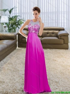 Modest Bateau Floor Length Beading and Ruching Fuchsia Prom Dress for 2015