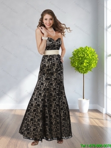 2015 Pretty Sweetheart Black Prom Dress with Belt and Lace