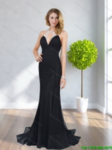 2015 Romantic Halter Top Backless Beading Black Elegant Bridesmaid Dresses with Brush Train