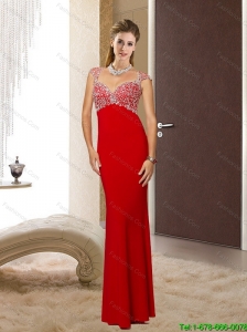 2015 Sexy Romantic Floor Length Red Prom Dresses with Beading and Open Back