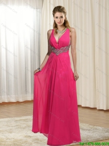 2015 Unique The Most Popular Empire V Neck Beading Prom Dresses in Hot Pink