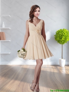 2015 Wonderful V Neck Champagne Prom Dress with Hand Made Flower and Ruching