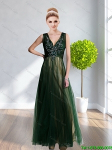 Beautiful 2015 Sexy V Neck Dark Green Prom Dress with Beading and Appliques