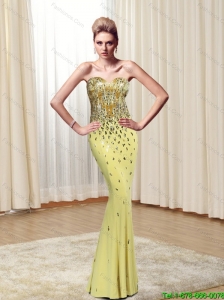 Gorgeous 2015 Sweetheart Beading Column Prom Dresses in Yellow