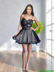 Modest 2015 Beading Spaghetti Straps Black Prom Dress