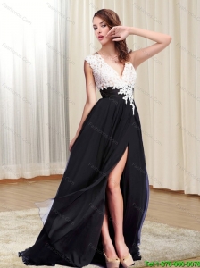 Modest V Neck 2015 Multi Color Prom Dress with Lace and High Slit