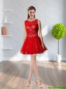 Perfect 2015 Lace and Chiffon Scoop Prom Dress in Red
