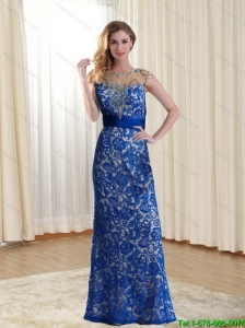Perfect Bateau 2015 Blue Prom Dresses with Lace and Open Back