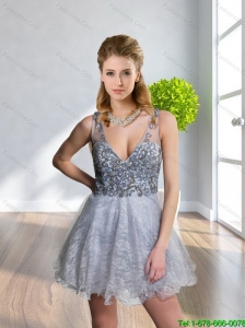 Pretty 2015 V Neck Beading and Appliques Gery Prom Dress