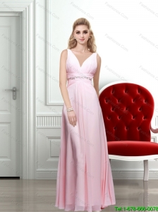 2015 Baby Pink V Neck Backless Long Prom Dress with Beading and Ruching