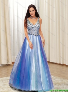 2015 Discount A Line V Neck Beading Tulle Prom Dresses in Multi Color