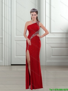 2015 Discount One Shoulder Beading and High Slit Red Prom Dresses
