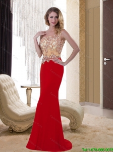 2015 Exclusive One Shoulder Red Long Elegant Bridesmaid Dresses with Appliques and Brush Train