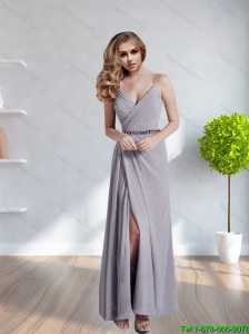 2015 Fashionable Spaghetti Straps Long  Bridesmaid Dress with Ruching and High Slit