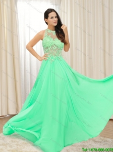 2015 Modest Bateau Long Prom Dress with Appliques and Brush Train
