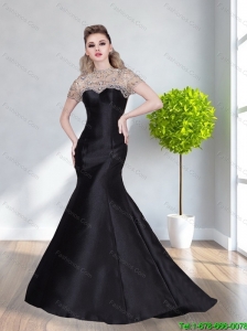 2015 Modest High Neck Mermaid Beading Prom Gown Dress in Black