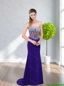 2015 Modest Sweetheart Prom Dress with Beading and Brush Train