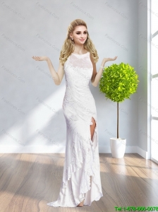 2015 New Bateau White Long Elegant Bridesmaid Dresses with Appliques and High Slit